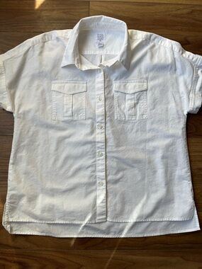 Women White Short-Sleeve Button-Up Shirt Summer Pocket Casual size Large
